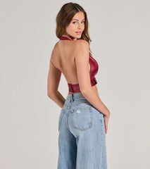 Sultry Vibe Plunge Halter Faux Leather Crop Top
