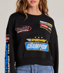 Trendy Moto Graphic Fleece Pullover Sweatshirt