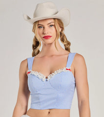 Kansas Girlie Gingham Lace Trim Crop Top