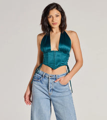 Edgy Luxe Satin Halter Cropped Corset Top