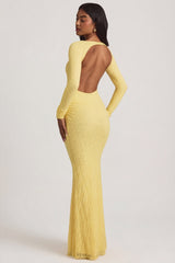 Ruched Backless Lace Maxi Dress in Pastel Yellow