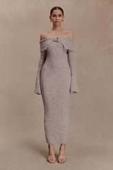 Baxter Off Shoulder Fluffy Knit Midi Dress - Taupe Marle