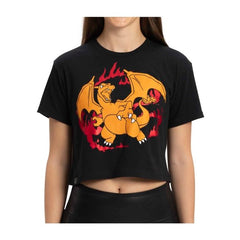 Charizard Black Relaxed Fit Crew Neck Crop T-Shirt - Women