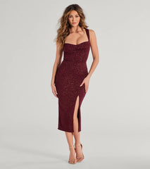 Arlette Lace-Up High Slit Glitter Knit Midi Dress