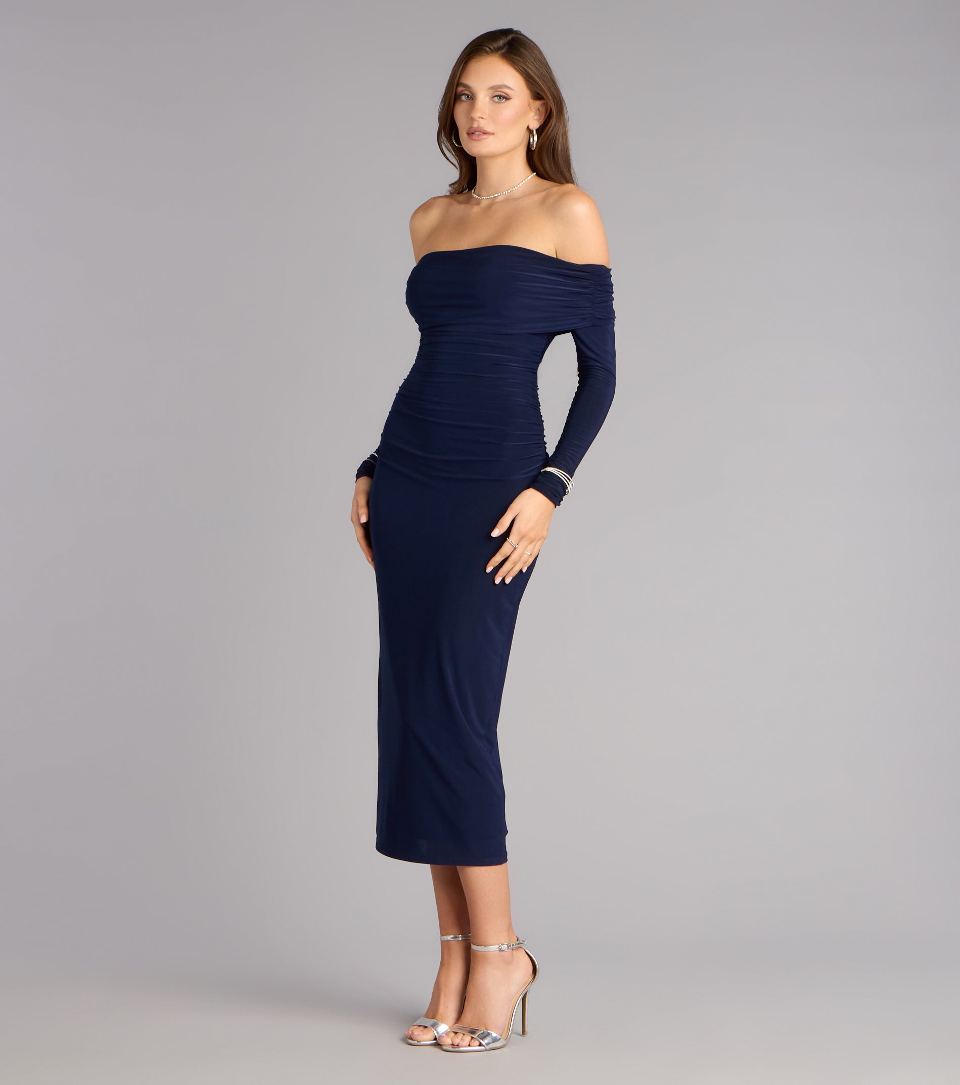 Casual Affair Long Sleeve Ruched Midi Dress