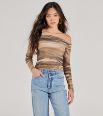 Trendy Abstract Mesh Off-Shoulder Top