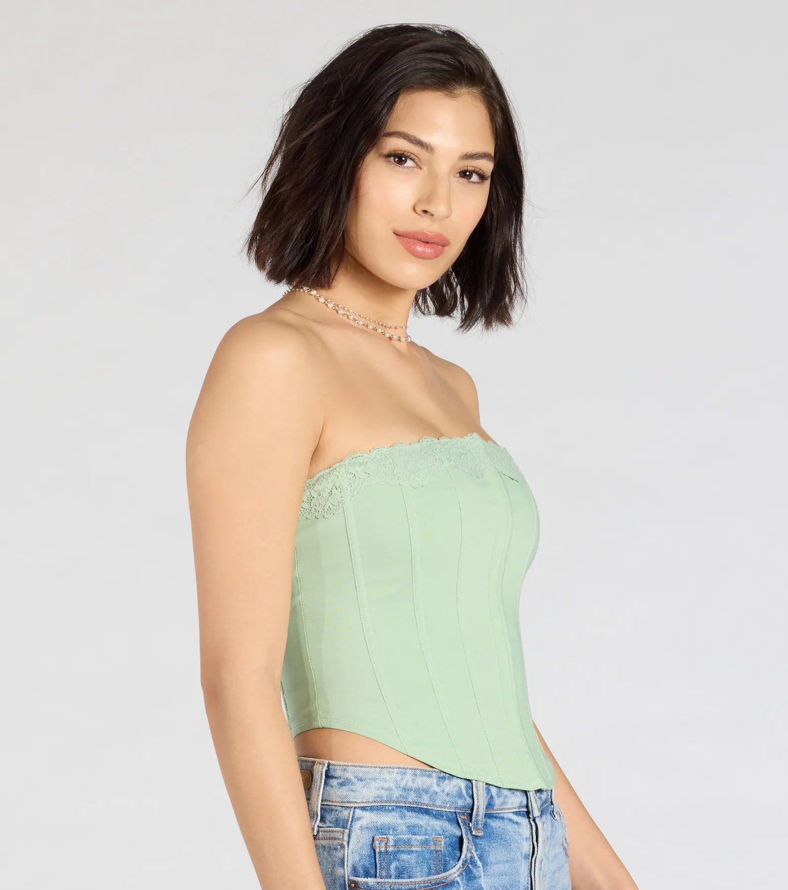 Chic And Snatched Strapless Lace Trim Corset Top