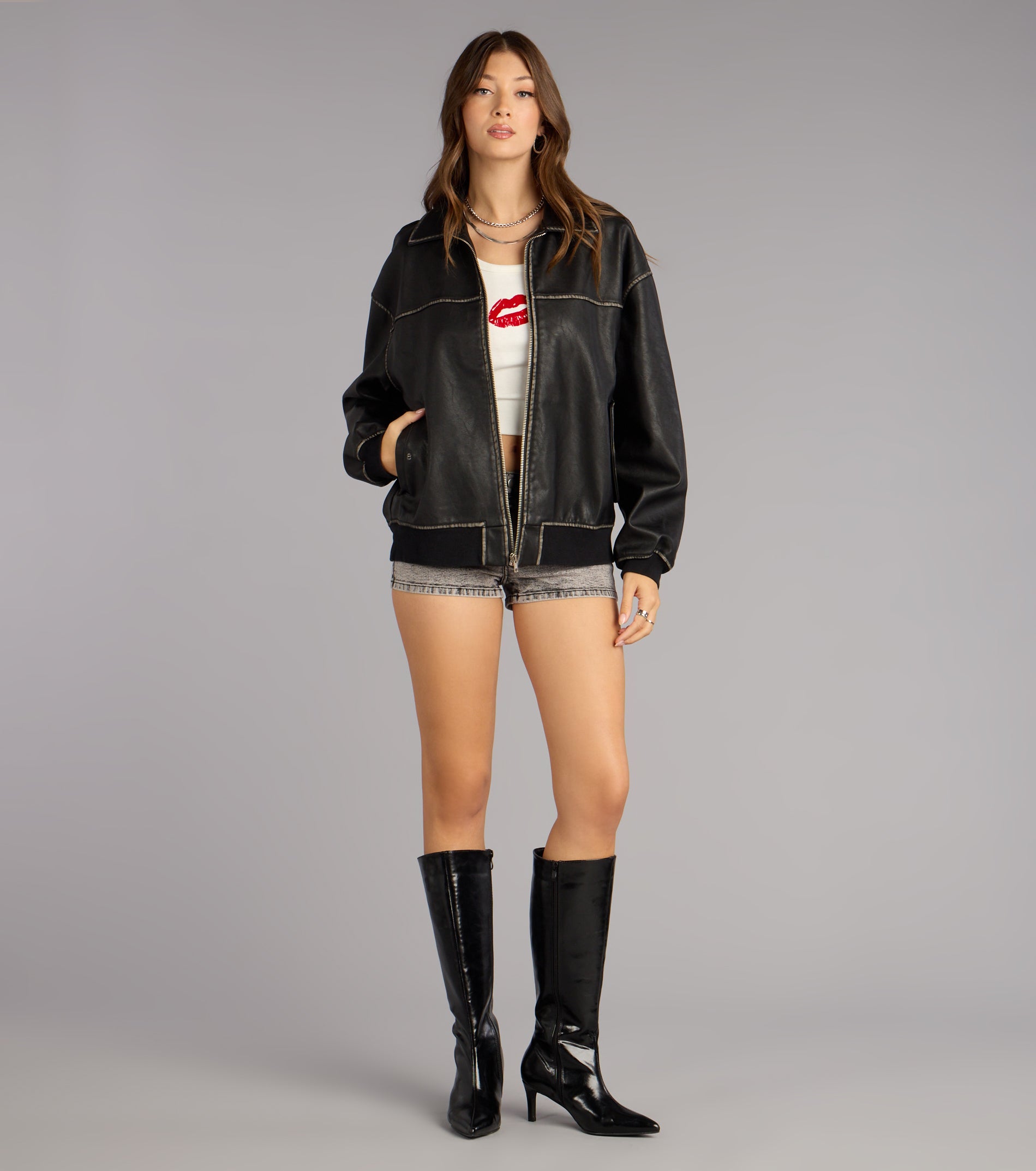 Vintage Chic Faux Leather Oversized Bomber Jacket