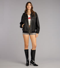 Vintage Chic Faux Leather Oversized Bomber Jacket