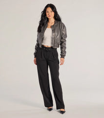Sleek Impression Belted Straight-Leg Trouser Pants