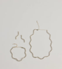 Shine On Wavy Rhinestone Necklace, Earrings, And Bracelet Set
