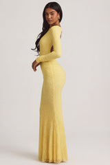 Ruched Backless Lace Maxi Dress in Pastel Yellow