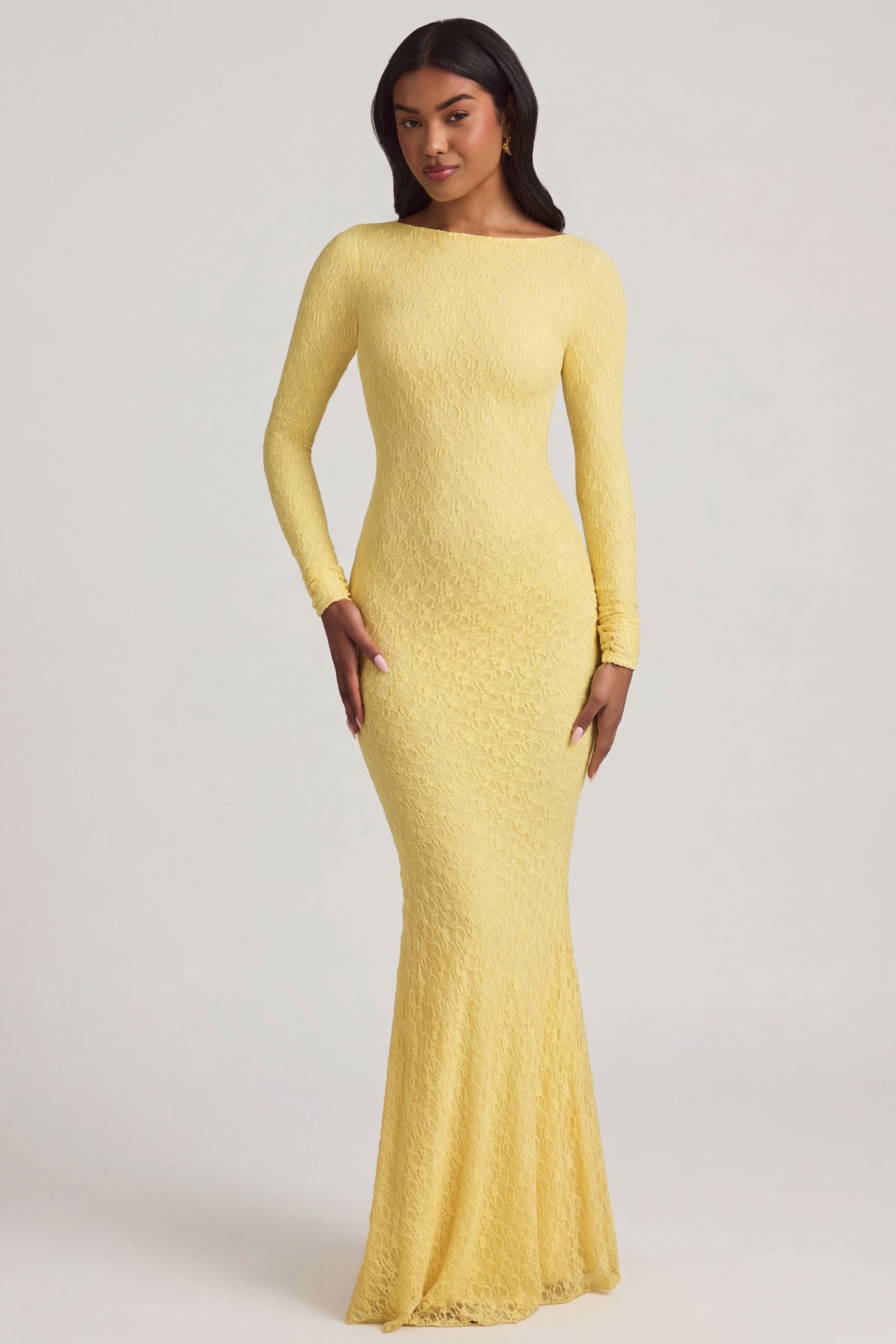 Ruched Backless Lace Maxi Dress in Pastel Yellow
