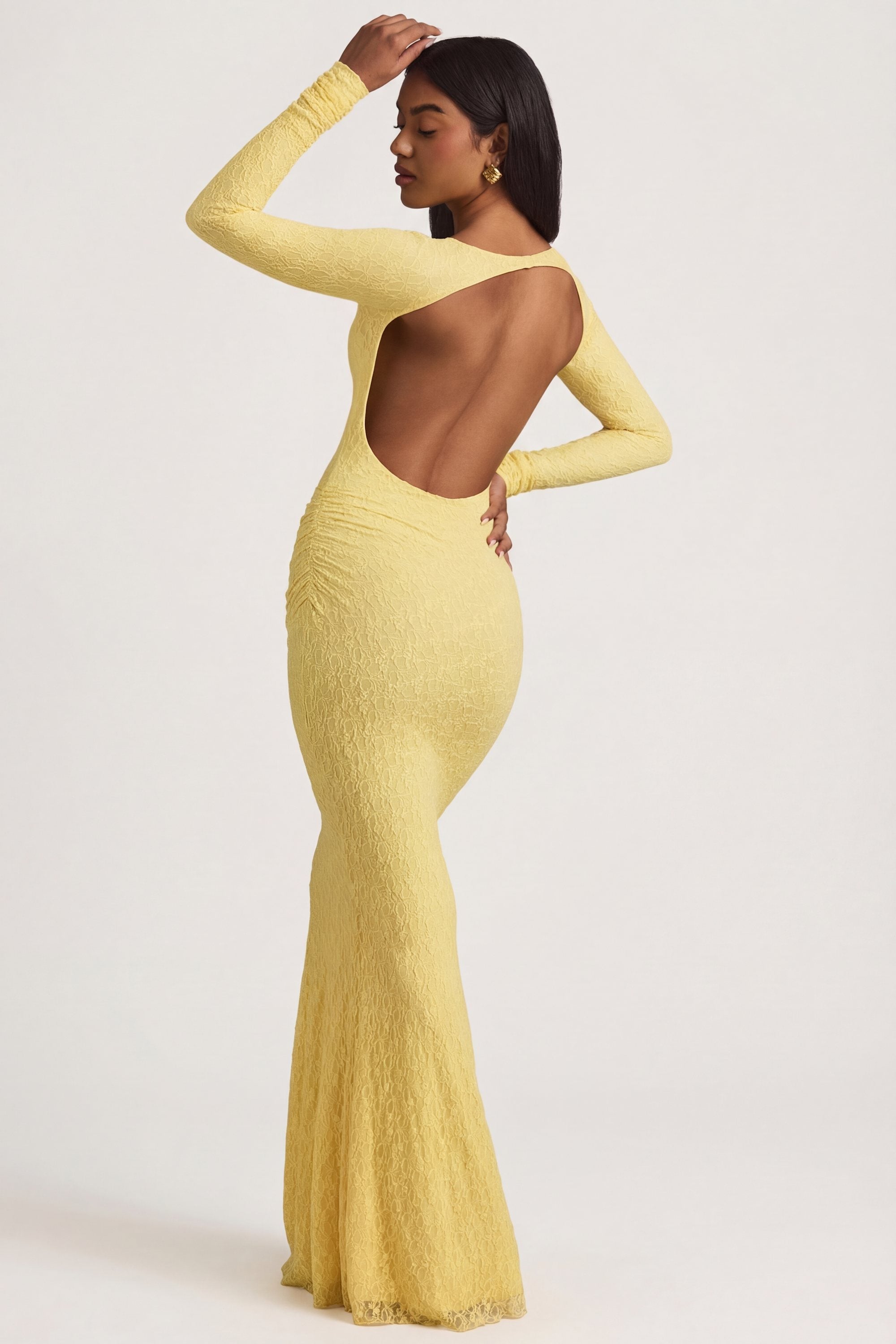 Ruched Backless Lace Maxi Dress in Pastel Yellow