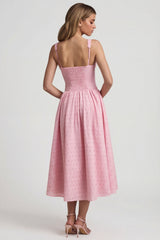 Broderie Anglaise Bow-Detail A-Line Midaxi Dress in Soft Pink