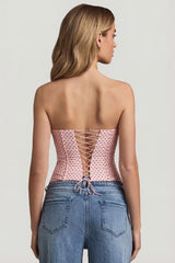 Lace-Up Strapless Corset Top in Pink Polka Dot