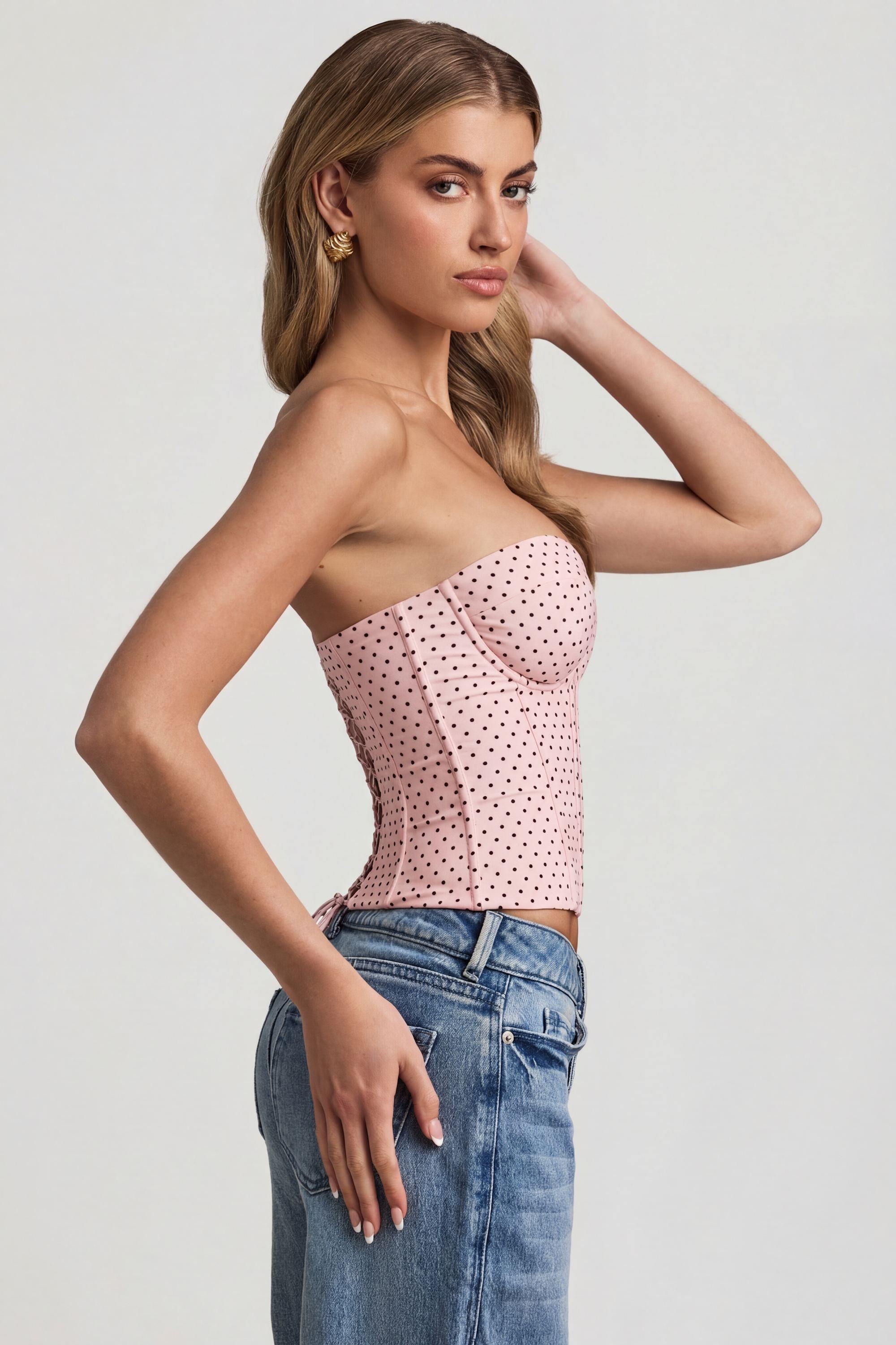 Lace-Up Strapless Corset Top in Pink Polka Dot