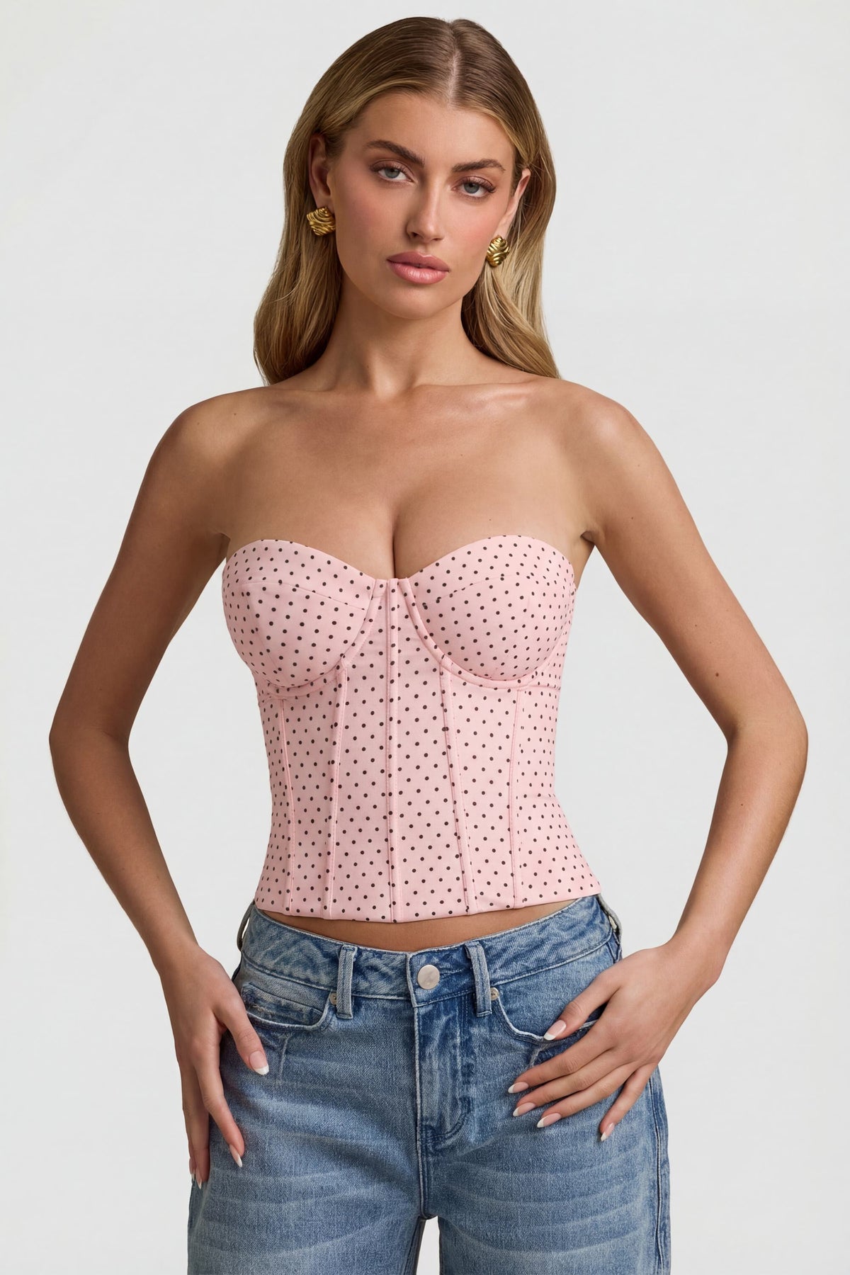 Lace-Up Strapless Corset Top in Pink Polka Dot