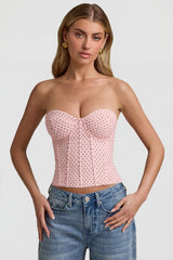 Lace-Up Strapless Corset Top in Pink Polka Dot