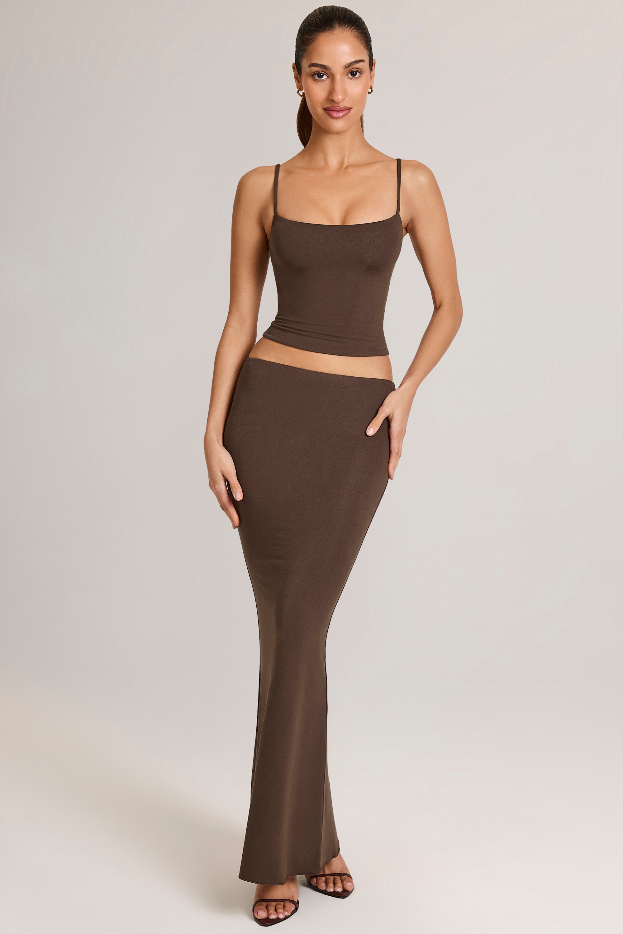 Modal Mid-Rise Fishtail Maxi Skirt in Chocolate Brown