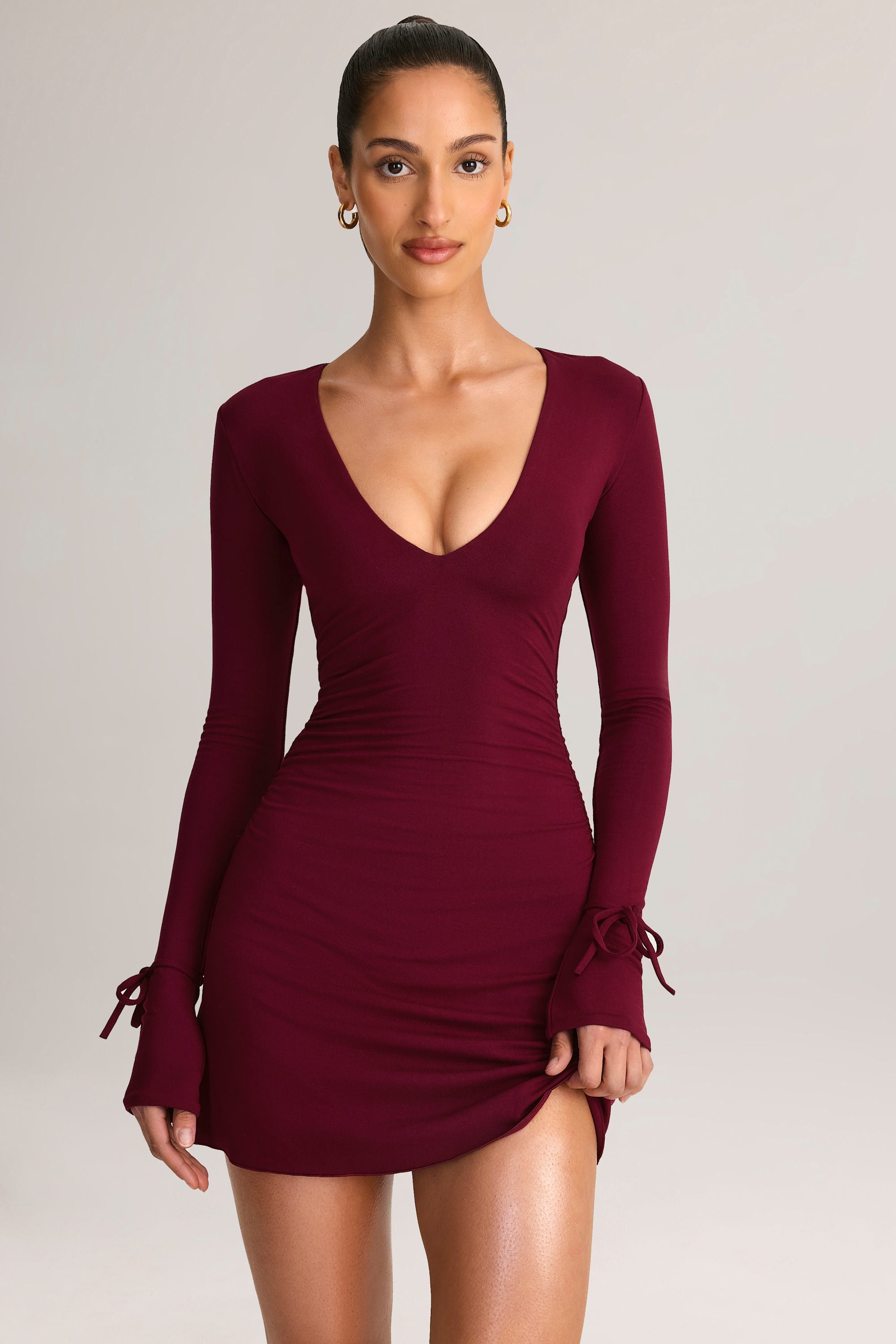 Modal Long-Sleeve Mini Dress in Wine