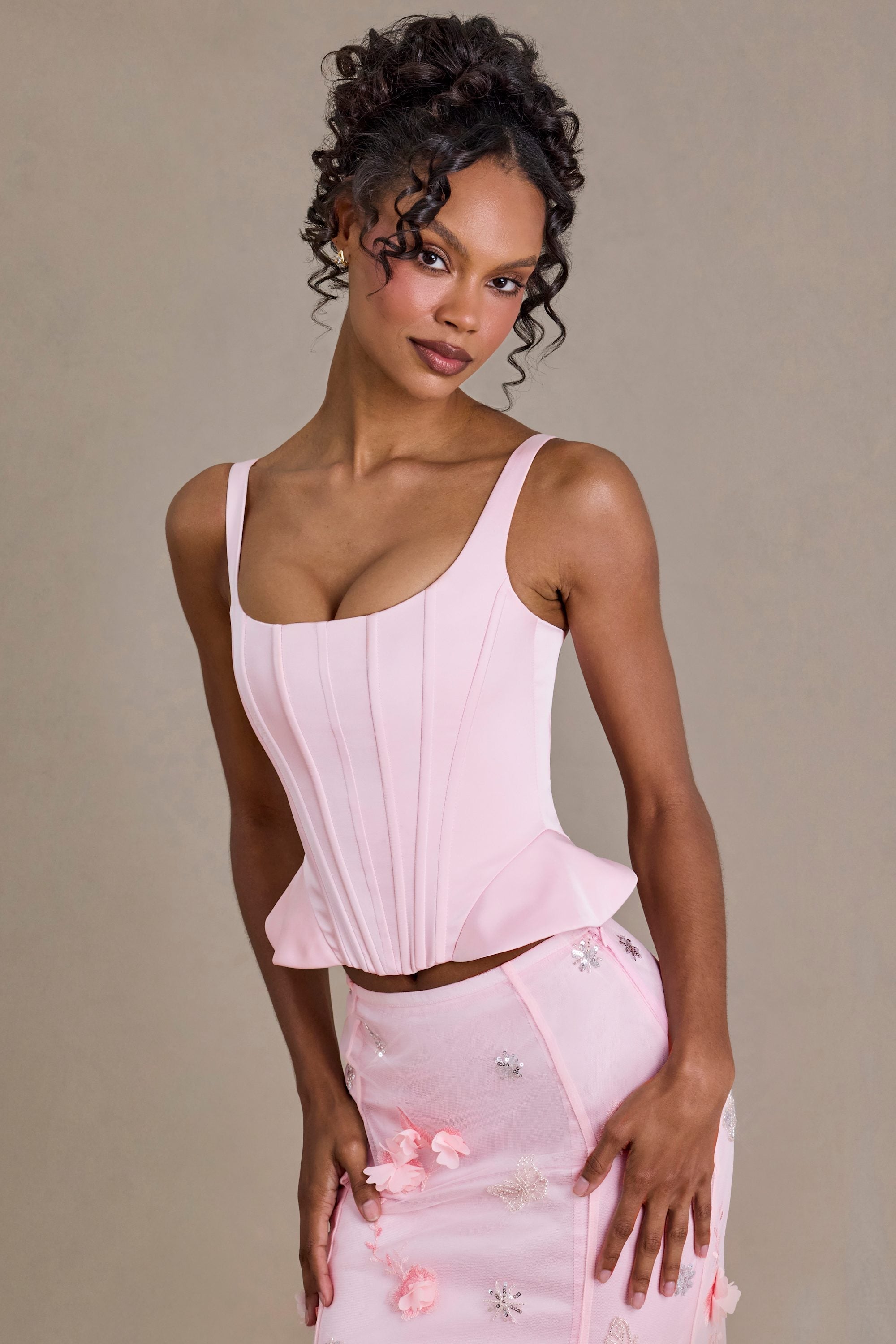 Satin Lace-Up Corset Top in Baby Pink
