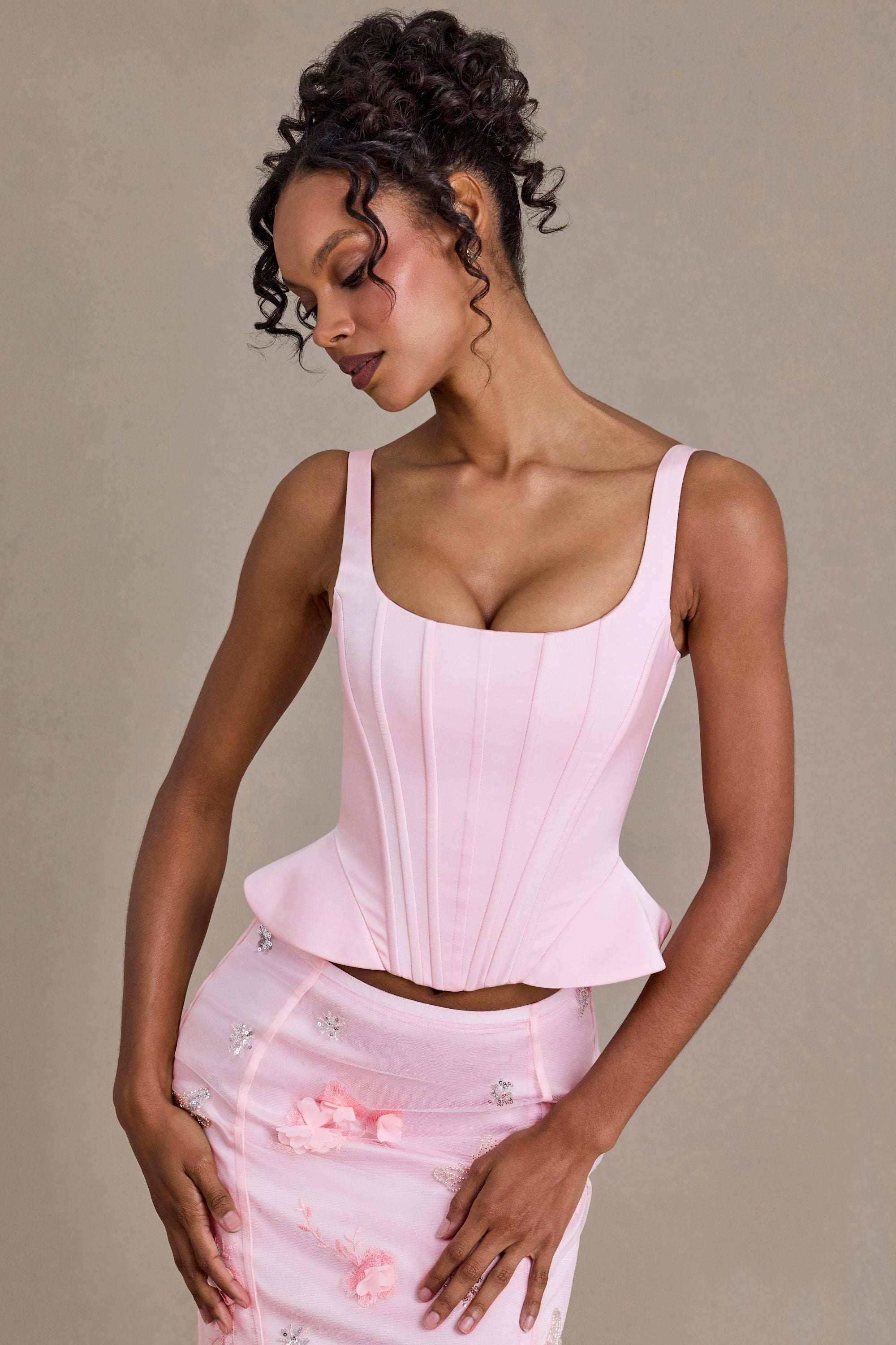 Satin Lace-Up Corset Top in Baby Pink