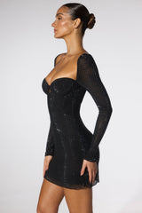 Embellished Corset Open Back Long Sleeve Mini Dress in Cobalt Blue