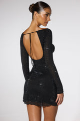 Embellished Corset Open Back Long Sleeve Mini Dress in Cobalt Blue