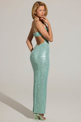 Embellished Cowl-Neck Maxi Dress in Aqua Blue