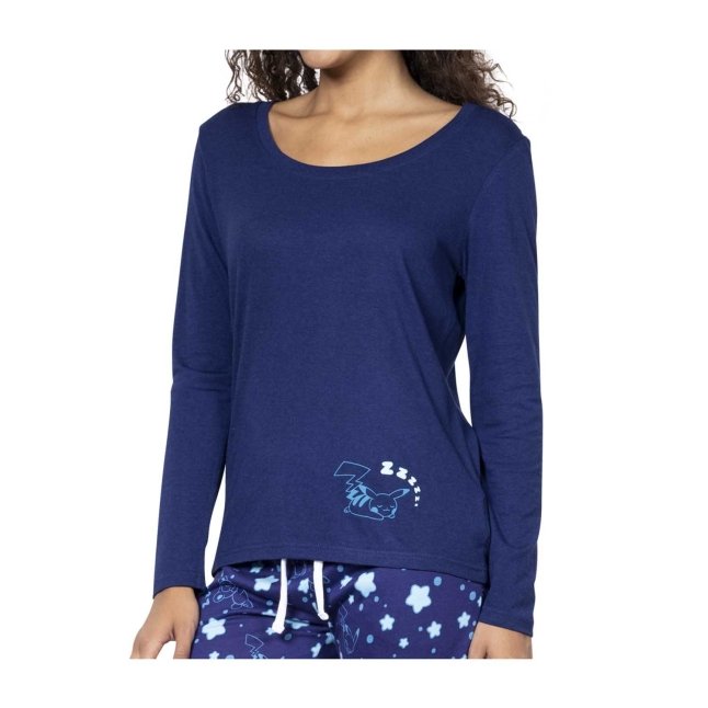 Pikachu Blue Relaxed Fit Scoop Neck Long-Sleeve T-Shirt - Women