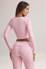 Modal Ribbed Cropped Cardigan in Pastel Pink