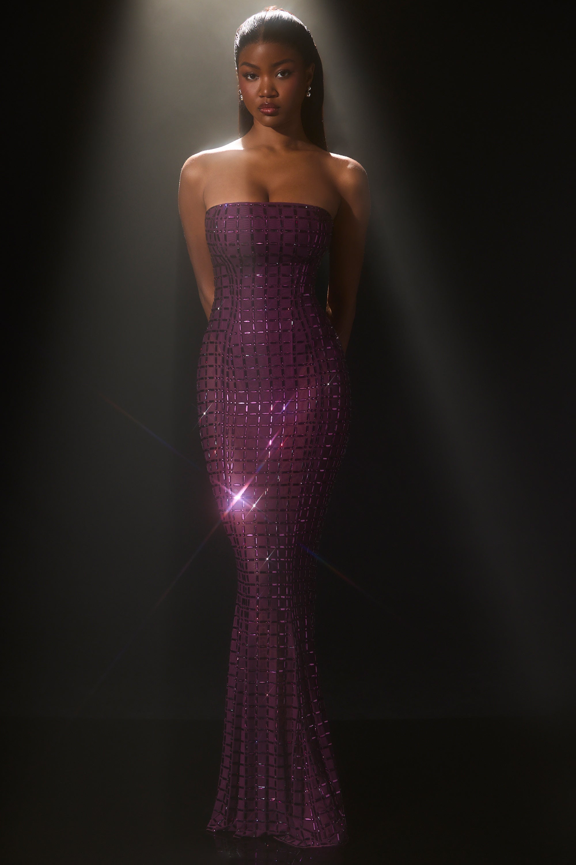 Embellished Semi-Sheer Strapless Gown in Deep Purple