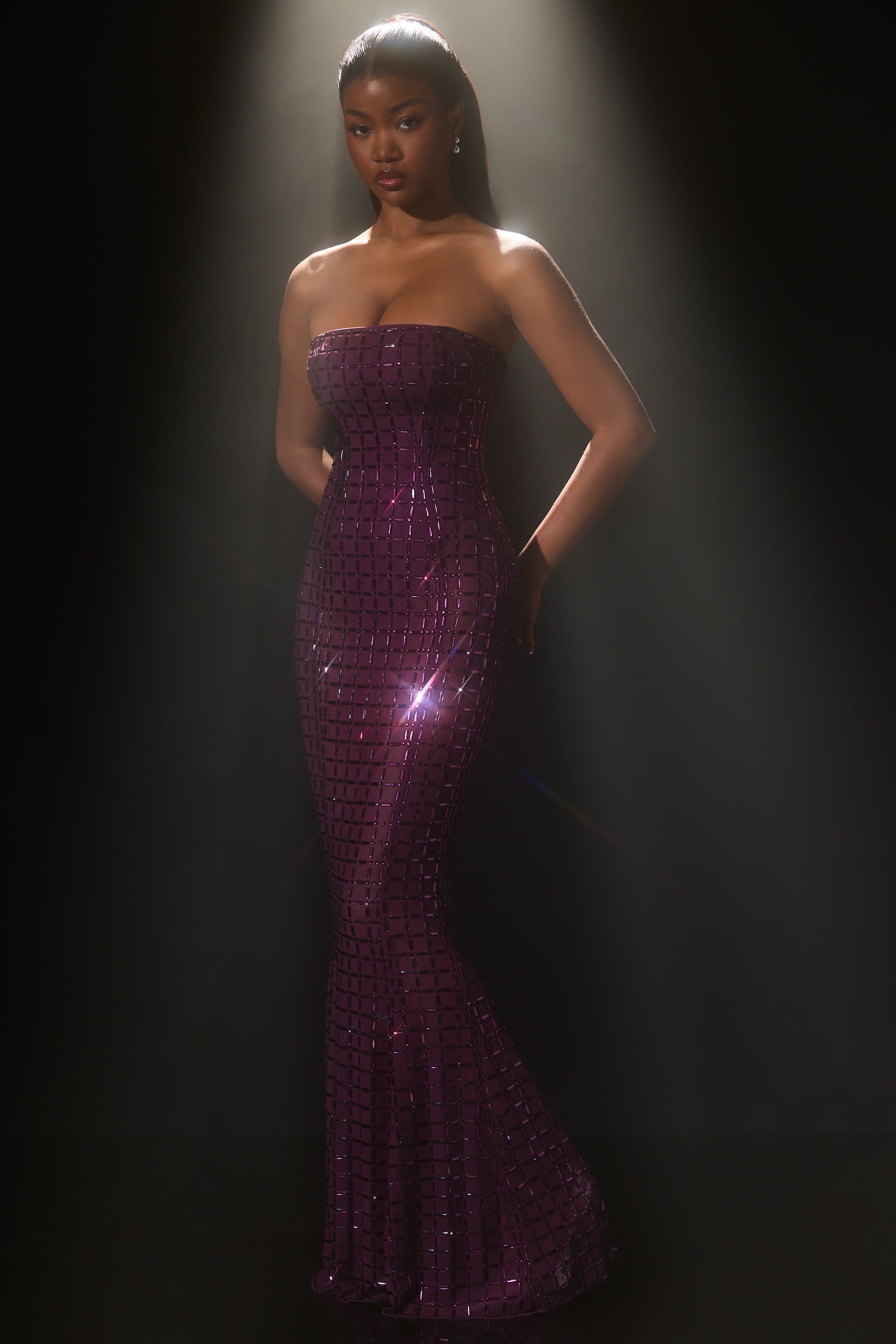 Embellished Semi-Sheer Strapless Gown in Deep Purple