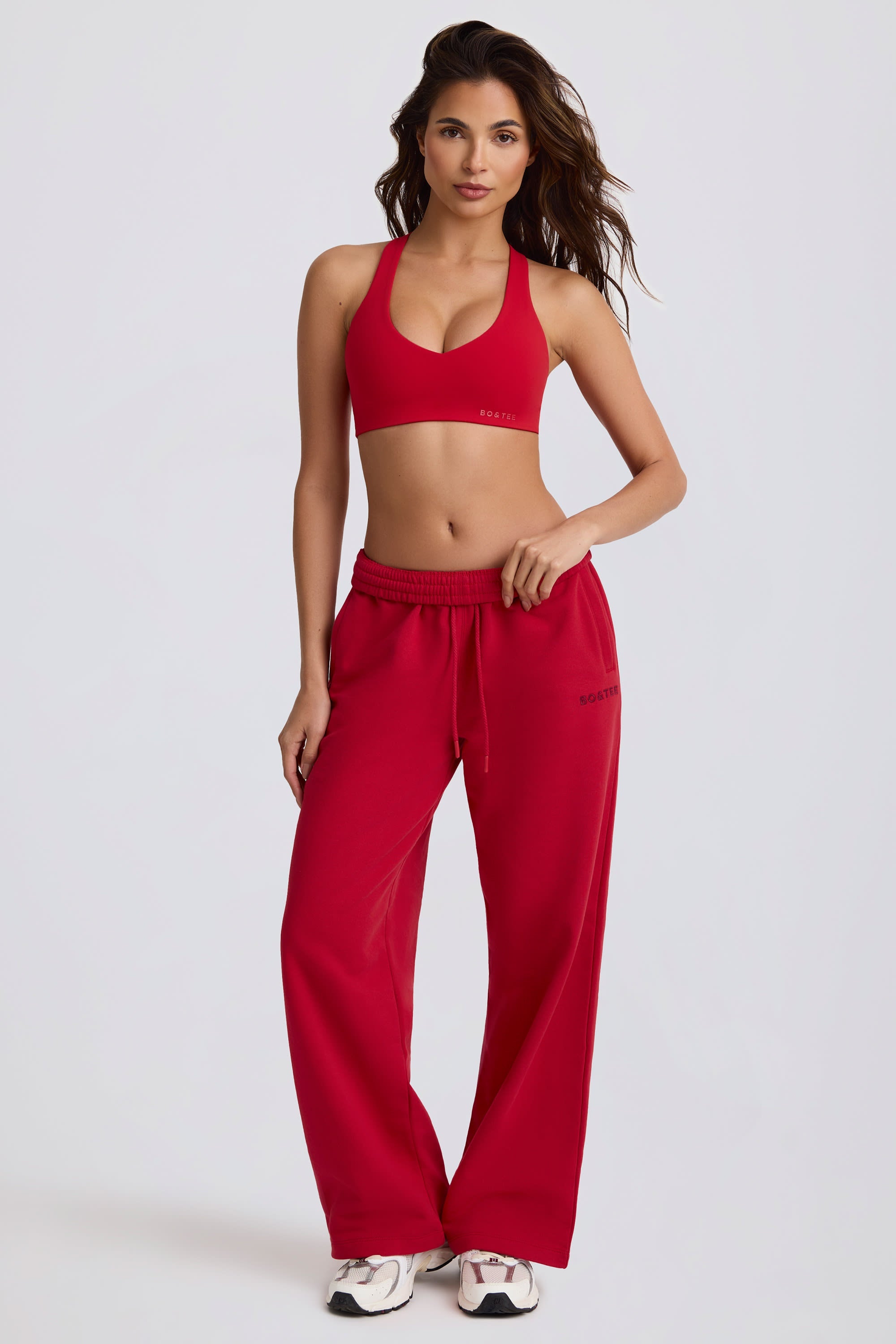 Soft Cotton Jersey Mid-Rise Wide-Leg Joggers in Hot Red