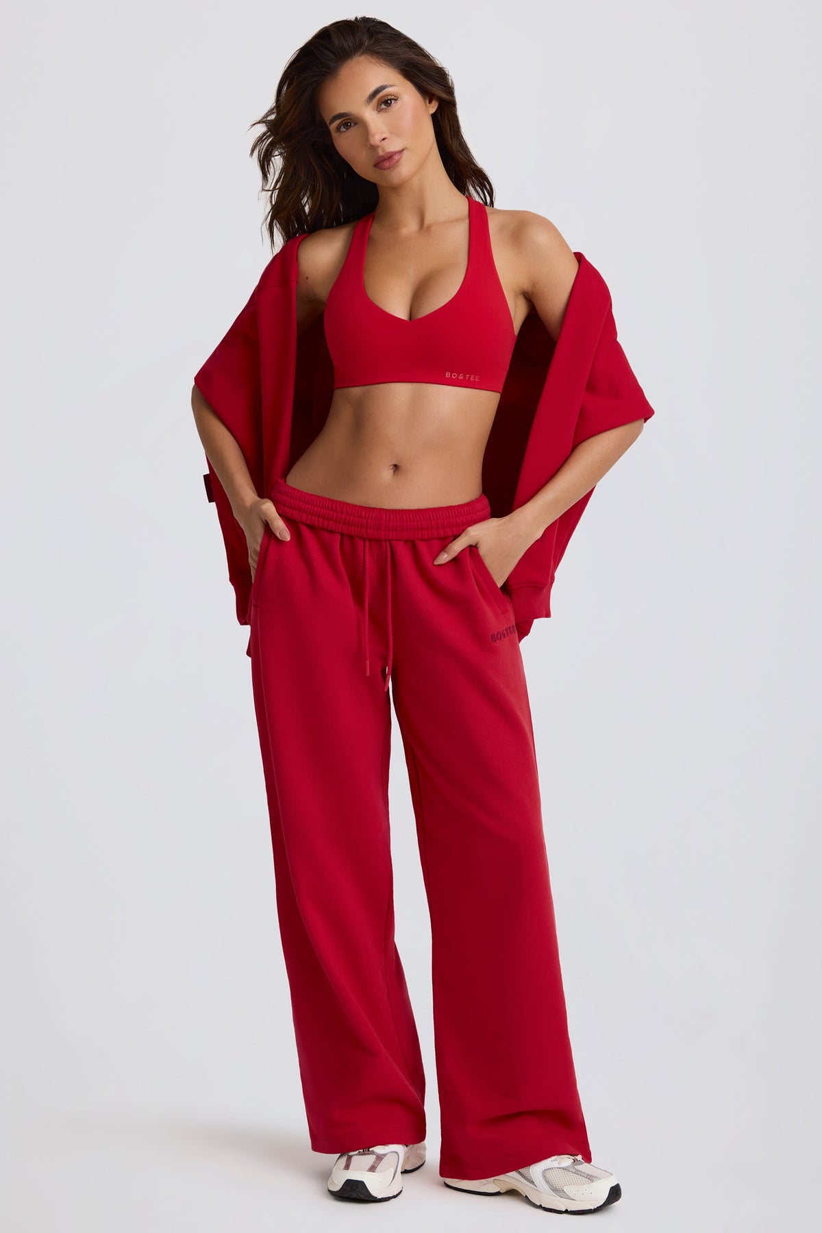 Soft Cotton Jersey Mid-Rise Wide-Leg Joggers in Hot Red