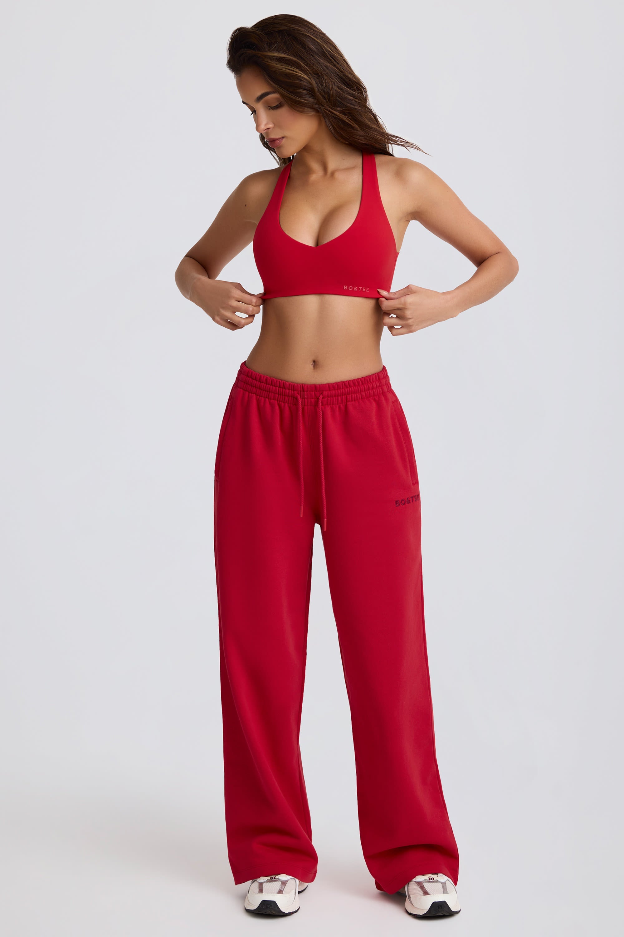 Soft Cotton Jersey Mid-Rise Wide-Leg Joggers in Hot Red