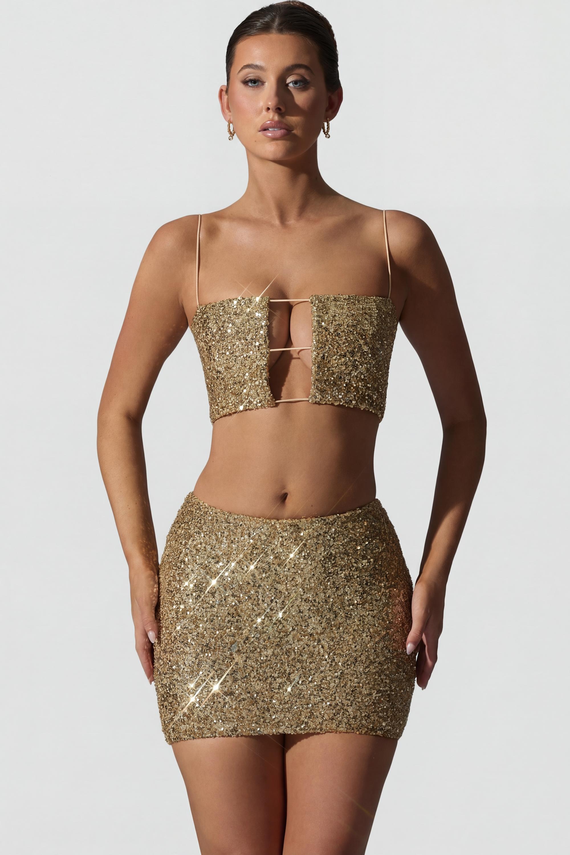 Embellished Mid-Rise Mini Skirt in Gold
