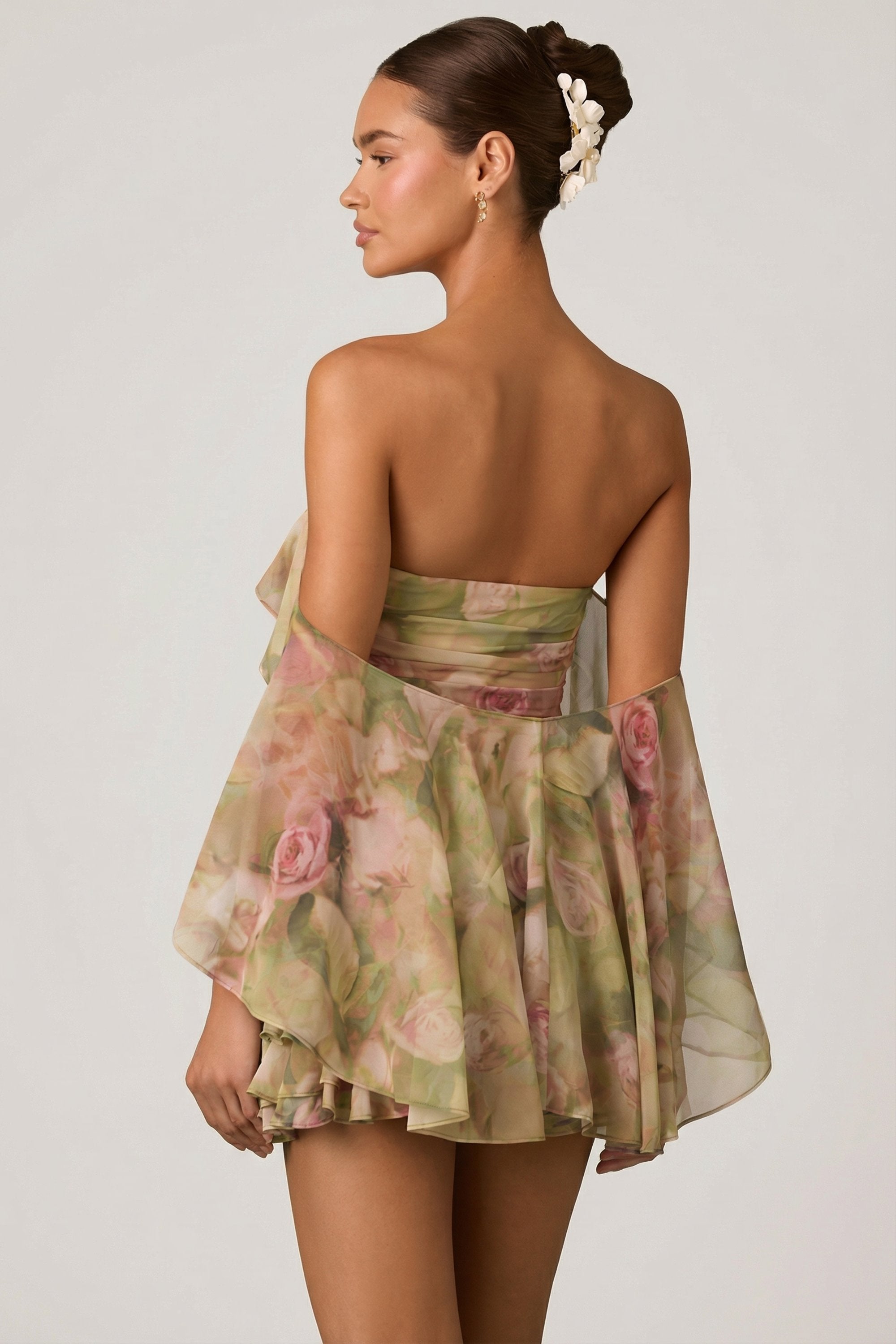 Off-Shoulder Ruffled Mini Dress in Floral Multi Print