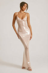 Sheer Sequin V-Neck Cut Out Back Evening Gown in White
