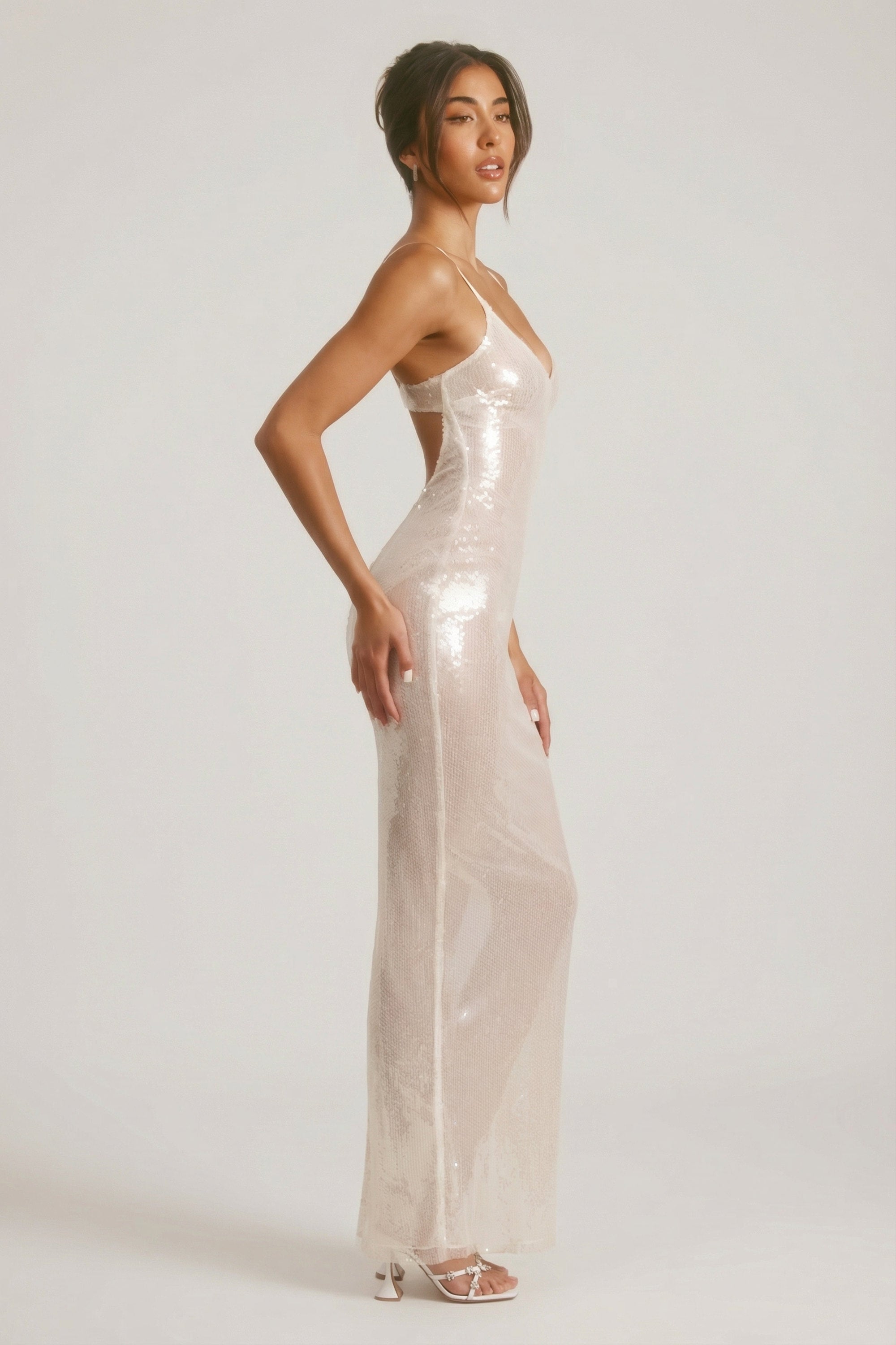 Sheer Sequin V-Neck Cut Out Back Evening Gown in White
