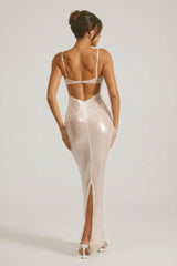 Sheer Sequin V-Neck Cut Out Back Evening Gown in White