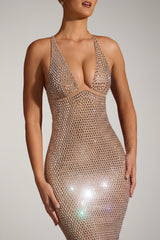 Embellished Plunge Midaxi Dress in Almond