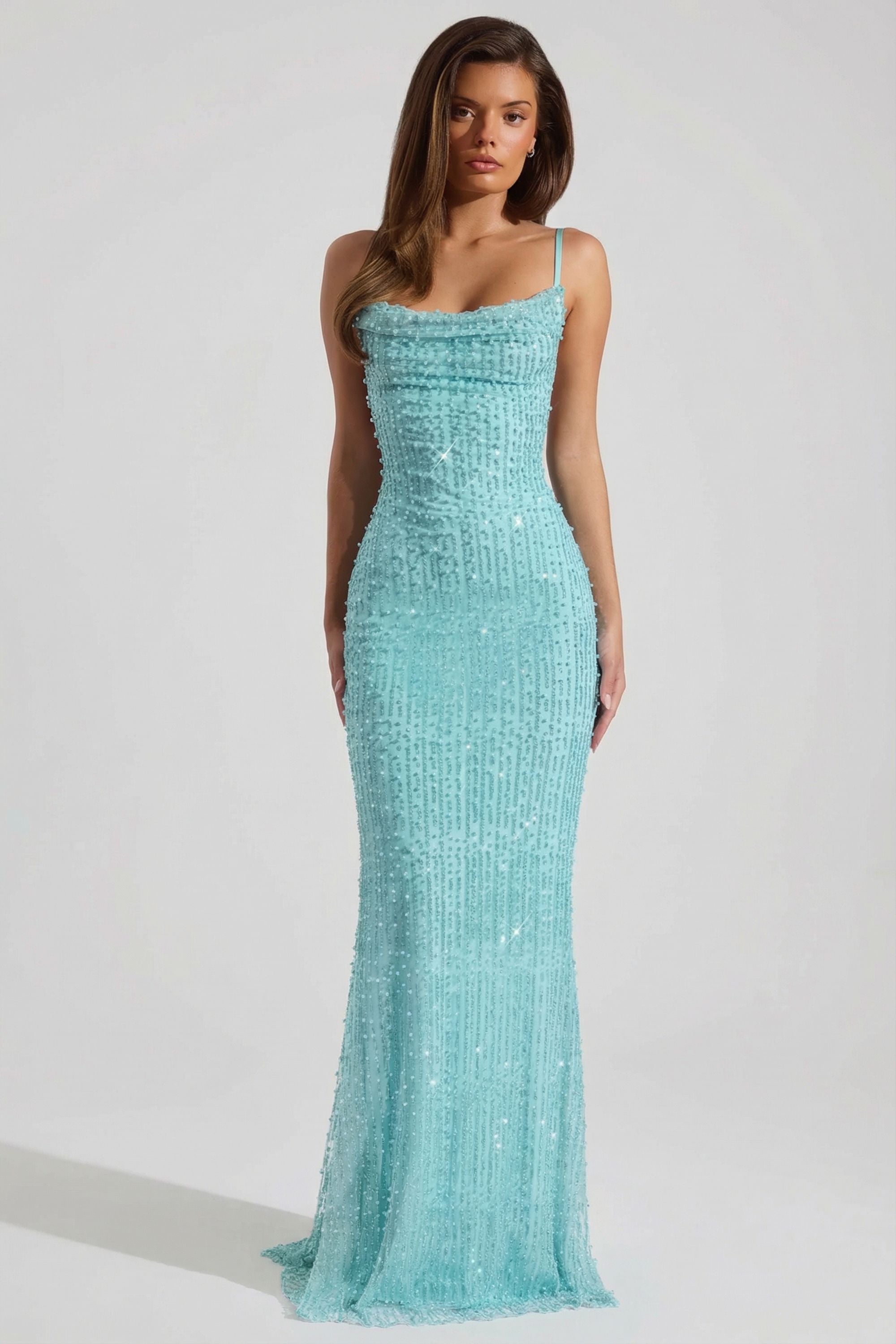Embellished Cowl-Neck Backless Maxi Dress in Aqua Blue