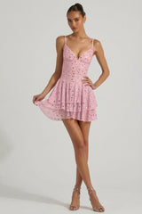 Embellished Ruffled Tiered Mini Dress in Pink