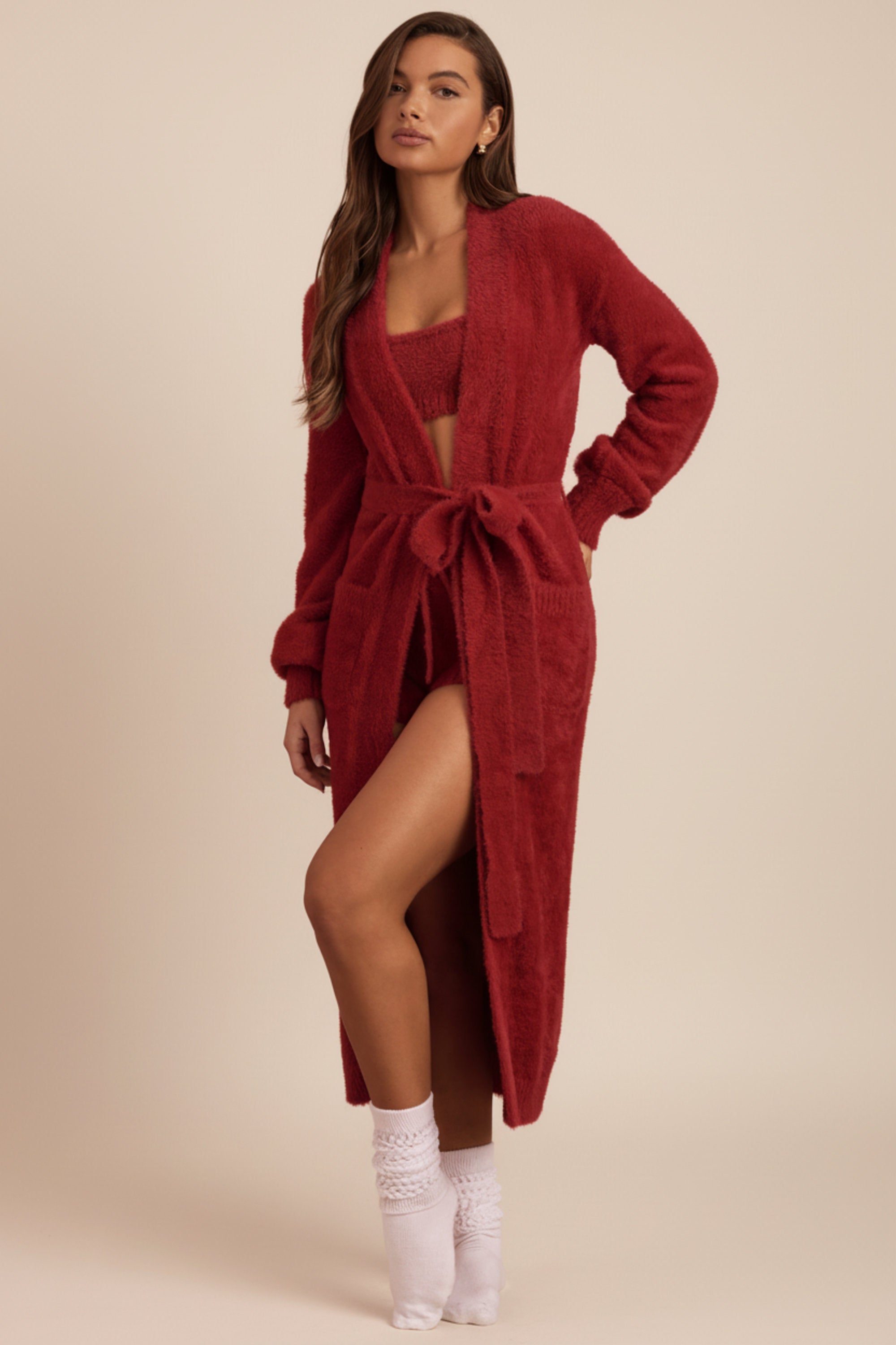 Fluffy Knit Longline Cardigan in Ruby Red