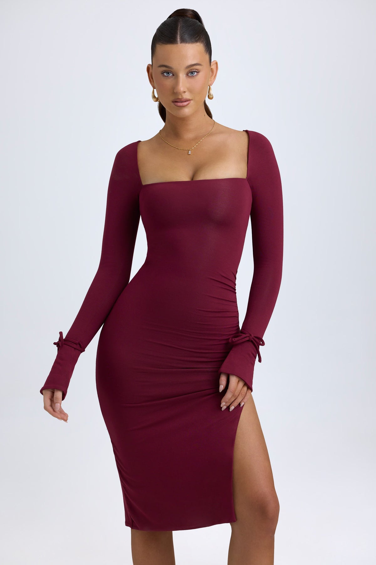 Modal Square-Neck Long-Sleeve Midi Dress in Wine Red
