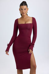 Modal Square-Neck Long-Sleeve Midi Dress in Wine Red