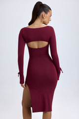 Modal Square-Neck Long-Sleeve Midi Dress in Wine Red