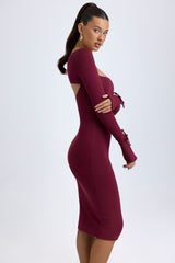 Modal Square-Neck Long-Sleeve Midi Dress in Wine Red